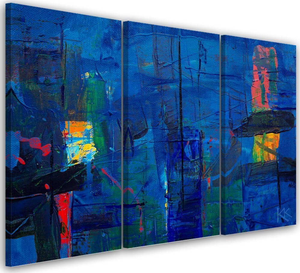 Feeby Obraz trzyczęściowy na płótnie, Niebieska abstrakcja ręcznie malowana - 120x80