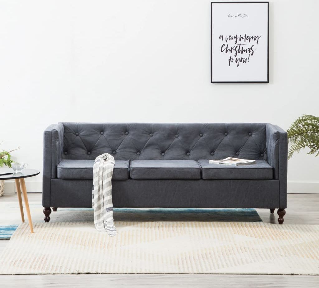 vidaXL Sofa 3-osobowa w stylu Chesterfield, tkanina, szara