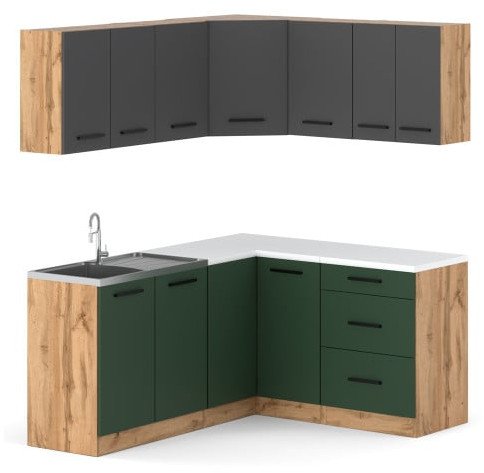 Kuchnia Narożna Modułowa Z Blatem Duża 3.2m Wotan Szary Butelkowa Zieleń