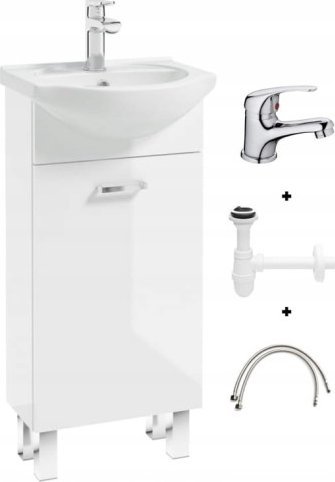 Deftrans Szafka łazienkowa biała z umywalką 40x84 cm stojąca z baterią chrom komplet Mea