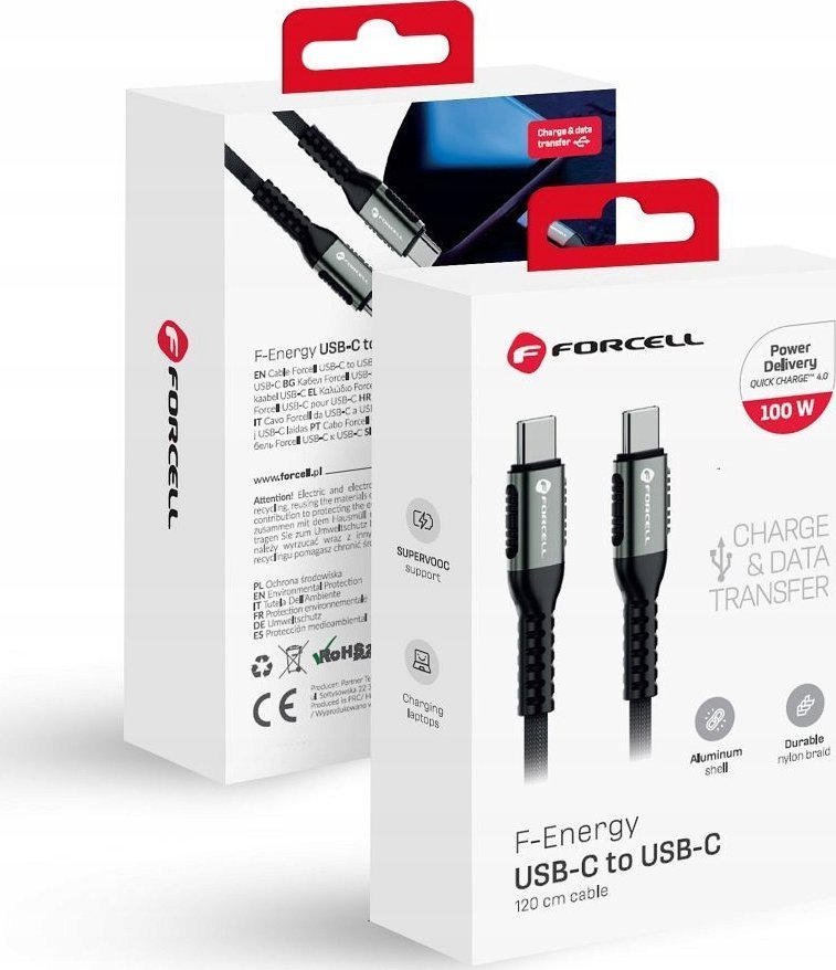 Kabel USB ForCell USB-C - USB-C 1.2 m Czarny
