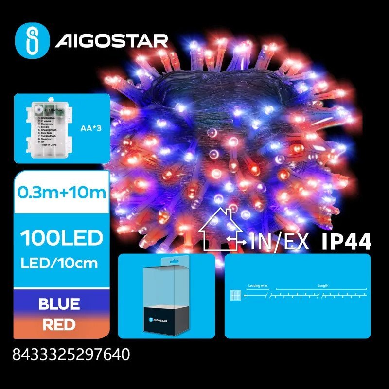 Lampki choinkowe Aigostar Lampki choinkowe na 3 baterie AA czerwono-niebieskie Taśma świetlna płaska na 3 baterie AA