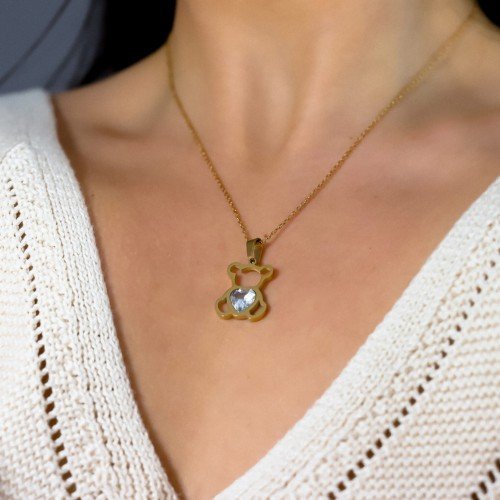 OTIEN Naszyjnik złoty celebrytka miś z serduszkiem stal chirurgiczna