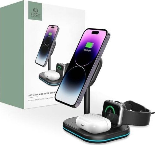 Ładowarka Tech-Protect Ładowarka bezprzewodowa Tech-Protect QI15W-A27 3in1 Magnetic MagSafe Wireless Charger Black