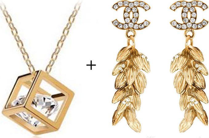 Lovrin KOLCZYKI ZŁOTE KŁOSY CHANELKI CYRKONIE + NASZYJNIK GRATIS