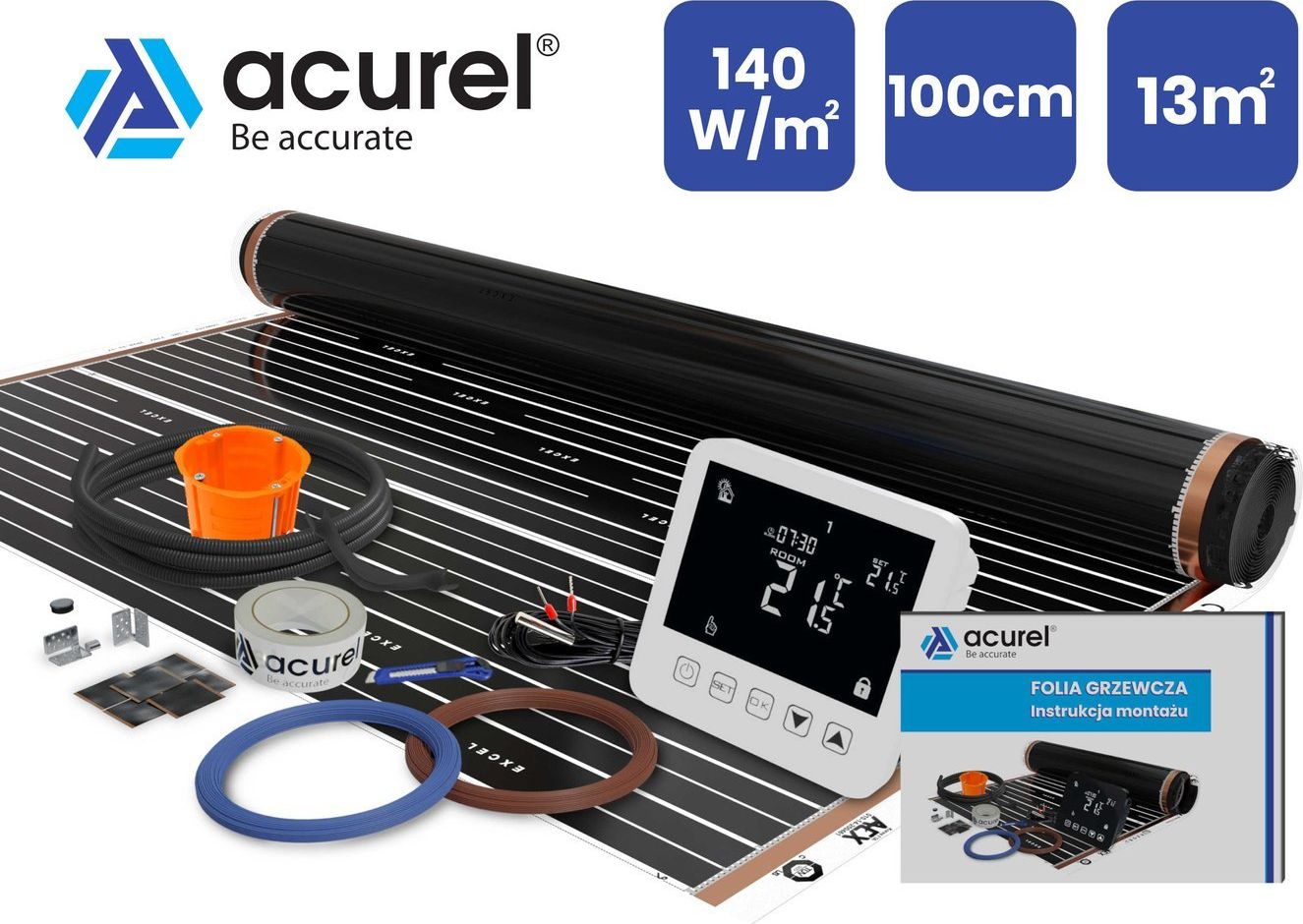 Acurel Termostat do ogrzewania elektrycznego + folia grzewcza 13m2 140W/m2 + akcesoria montażowe uniwersalny