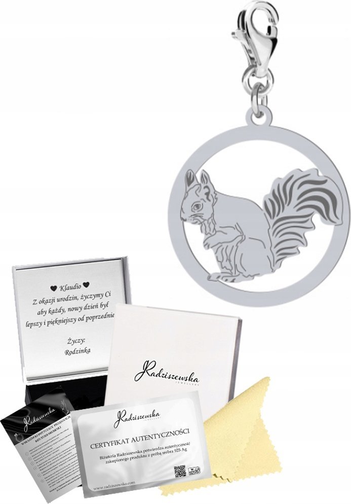 Radziszewska Jewellery Charms Srebrny z Wiewiórką 925 Wiewiórka Prezent DEDYKACJA GRATIS