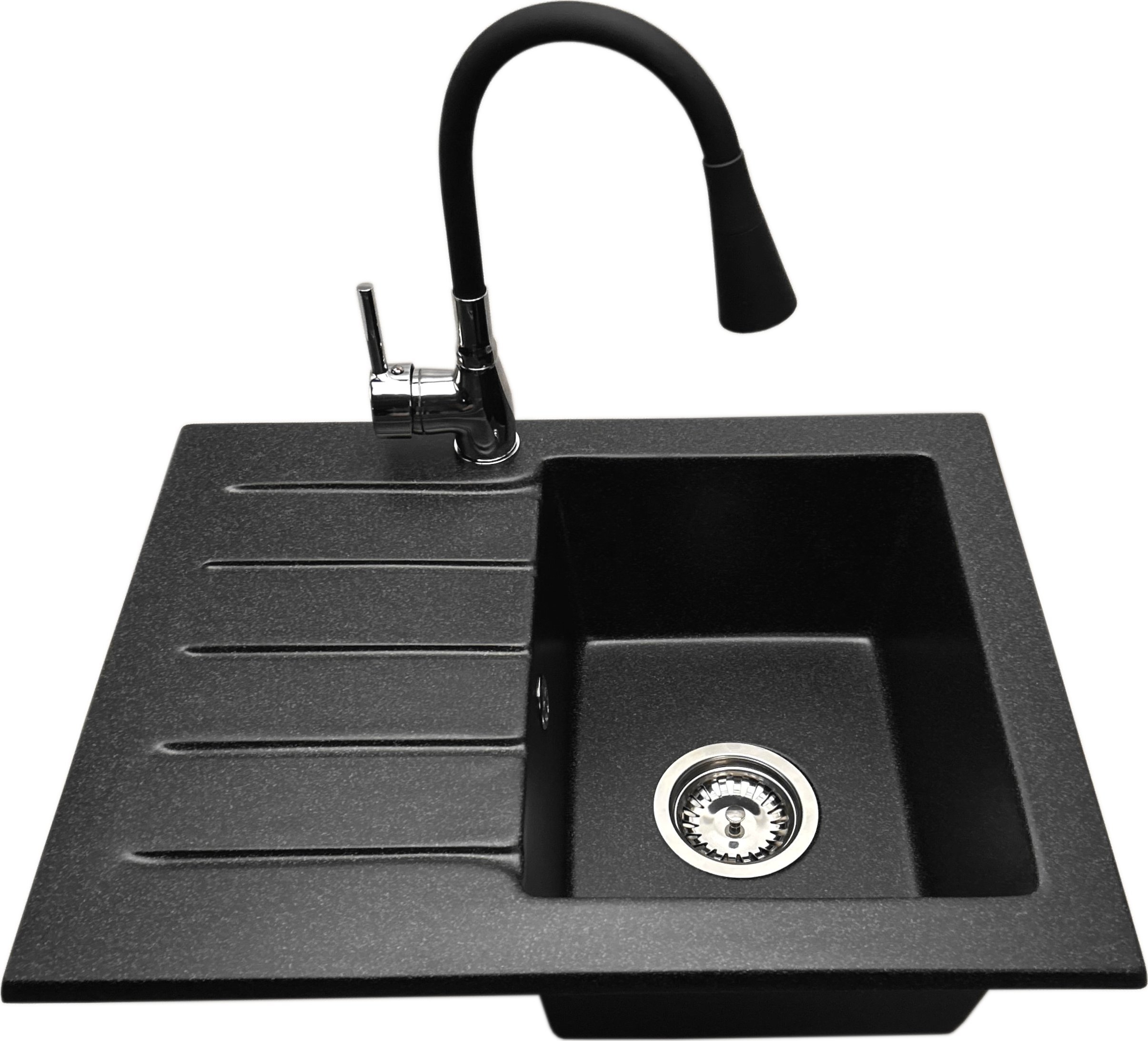 Zlewozmywak PREHNIT Zlewozmywak jednokomorowy z ociekaczem ARAGON grafit z lewym ociekaczem + bateria flex LAGUNA