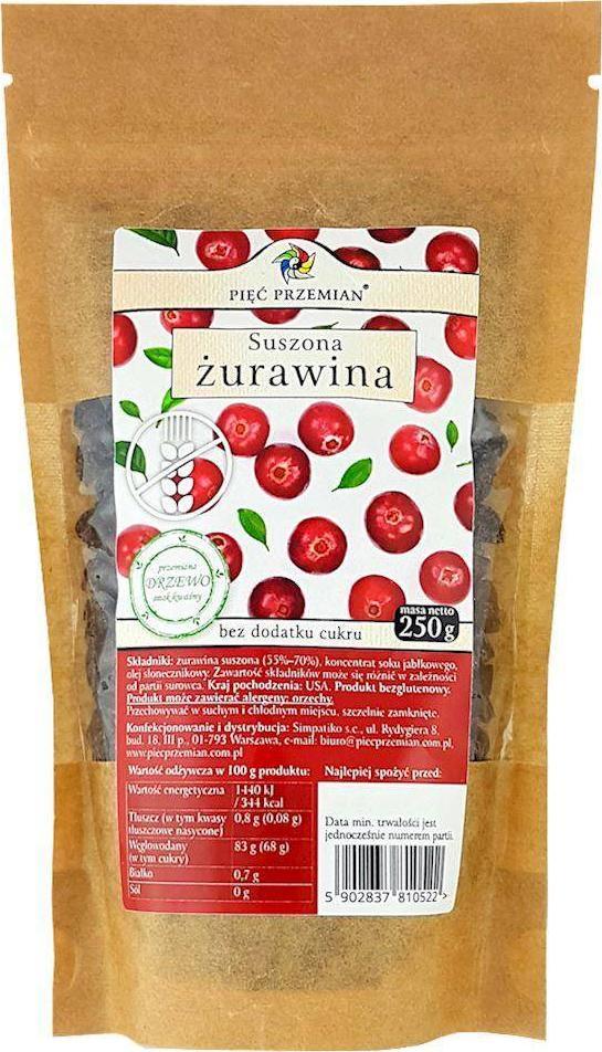 PIĘĆ PRZEMIAN PIĘĆ PRZEMIAN Żurawina suszona słodzona sokiem jabłkowym cięta bez cukru bezglutenowa 250g