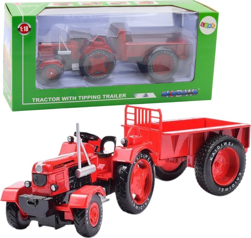 Metalowy Traktor Rolniczy Z Przyczepą Czerwony 1:18
