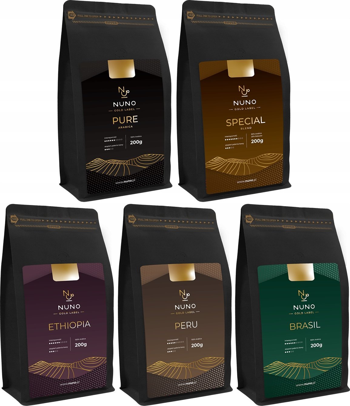 Kawa ziarnista Nuno KAWA ZIARNISTA NUNO GOLD ZESTAW 5X200G ŚWIEŻA 72H