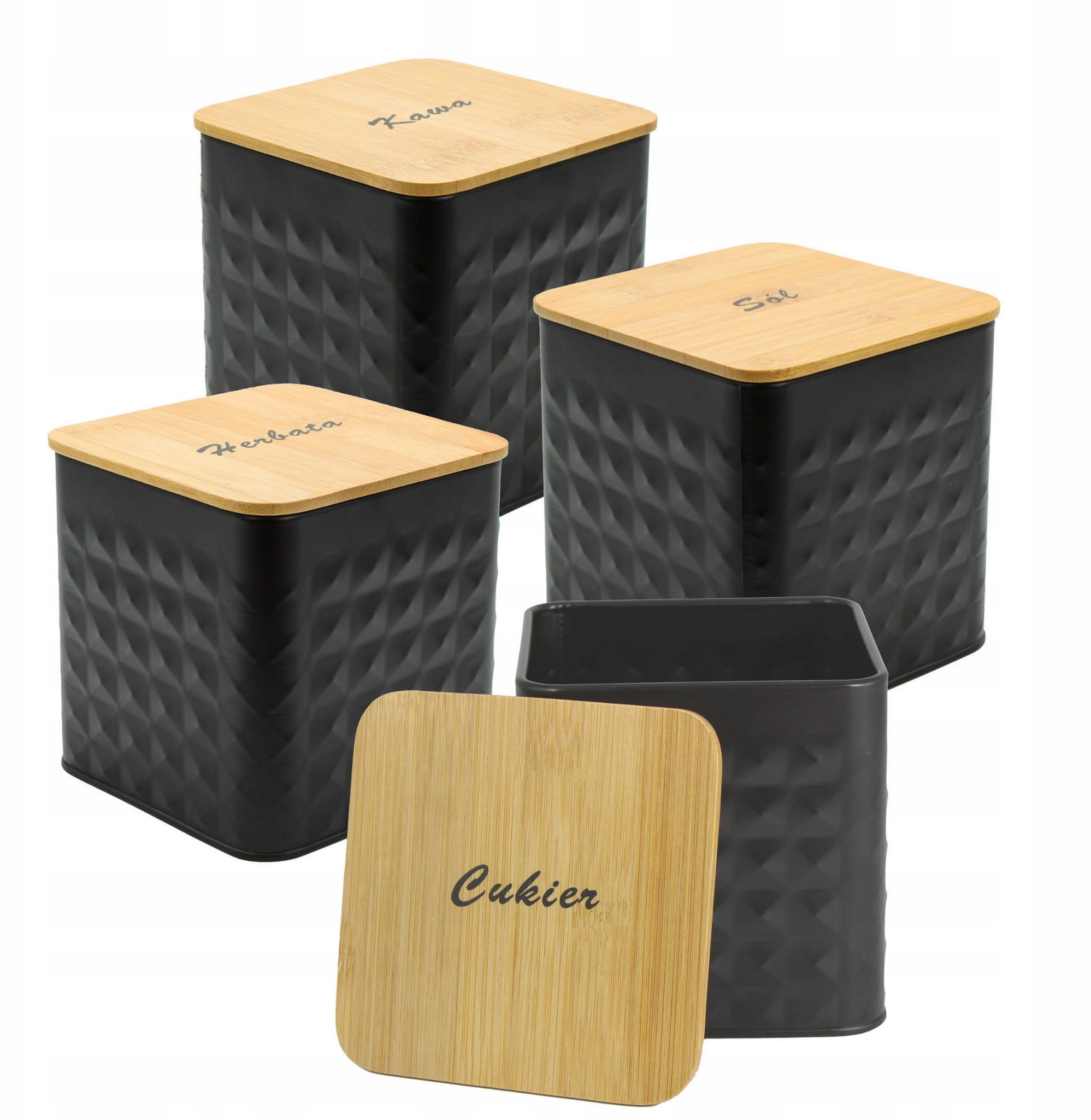 ZESTAW 4 POJEMNIKÓW KAWA HERBATA CUKIER SÓL BRUNBESTE BB-4261 (NAPISY PL)