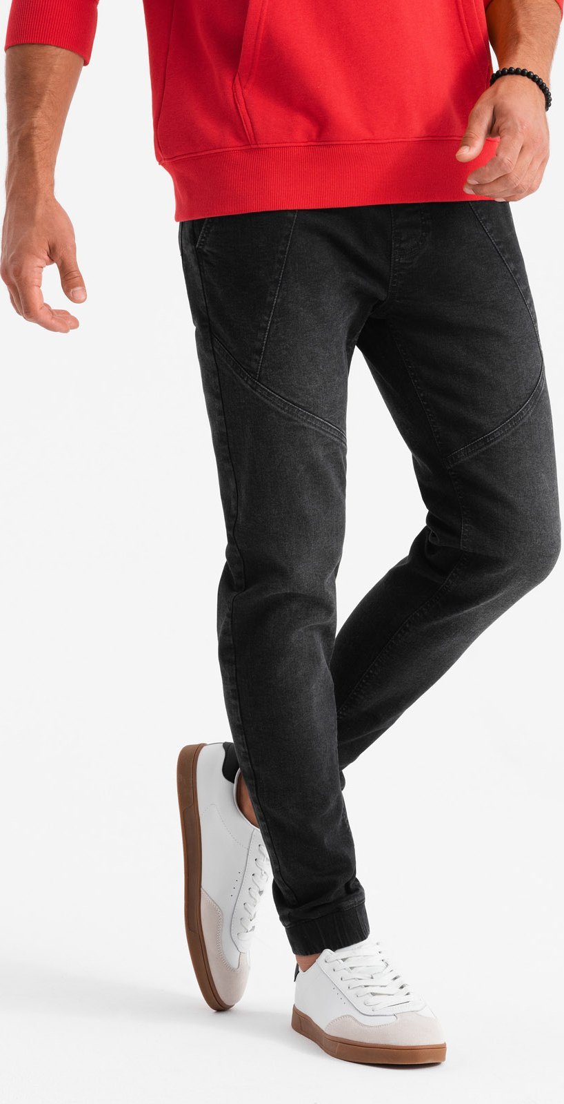 Ombre Męskie jeansowe joggery z asymetrycznymi przeszyciami czarne V3 OM-PADJ-0165 XL