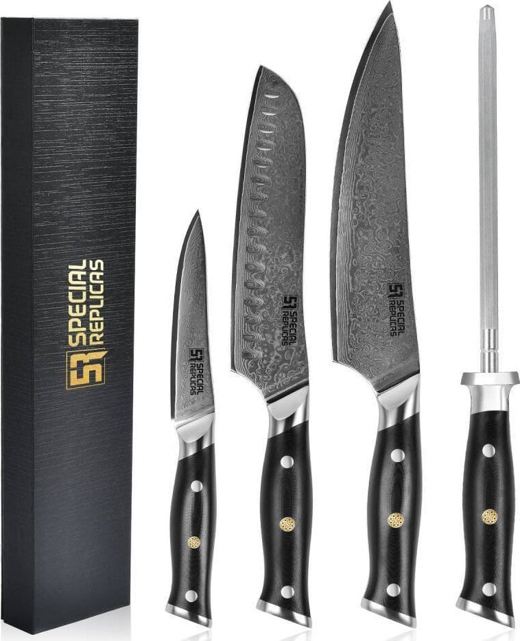 Profesjonalny zestaw noży kuchennych z ostrzałką 11-19-21 cm stal damasceńska 67 warstw yd312