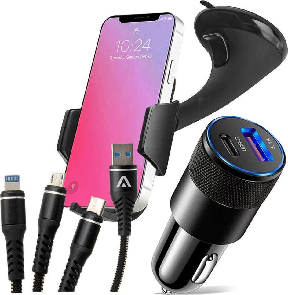 Alogy Uchwyt samochodowy Uniwersalny do auta K400 do telefonu na szybę Black + Kabel Alogy 3w1 + Ładowarka USB-C + USB 3.1A