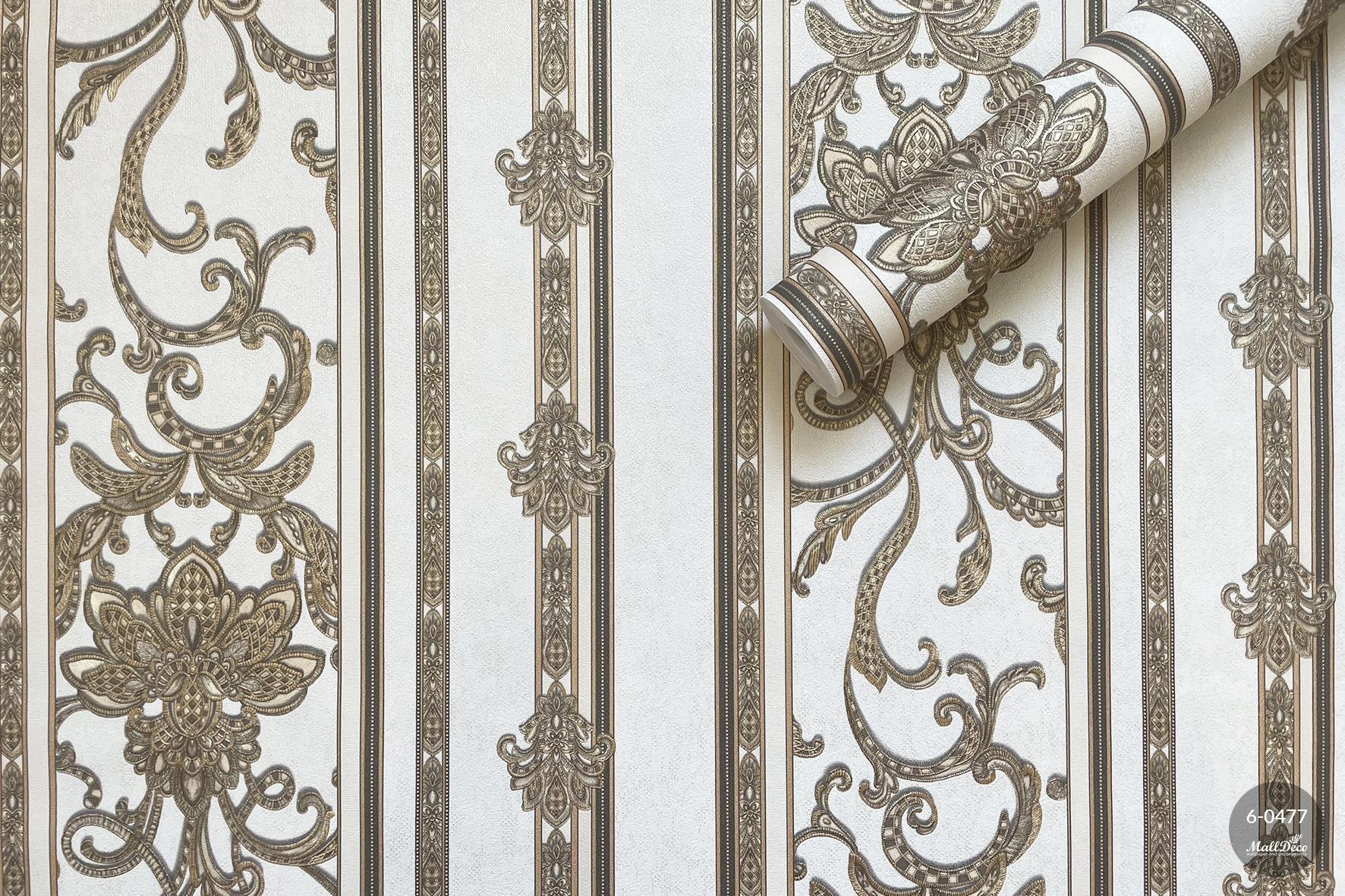 MallDeco TAPETA WINYLOWA SEWILLA W MLECZNO-ZŁOTE PASKI