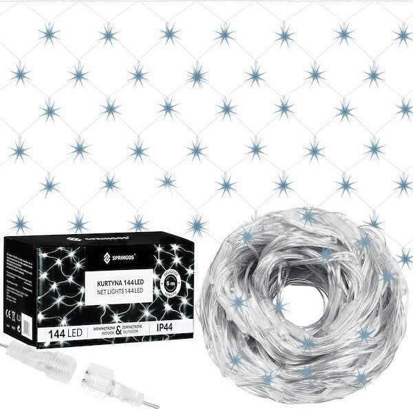 Lampki choinkowe Springos Kurtyna świetlna zimny biały 144 Led lampki wewnętrzno-zewnętrzne siatka z programatorem UNIWERSALNY