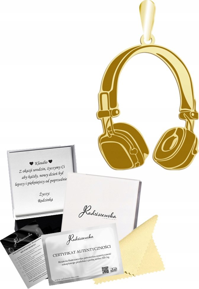 Radziszewska Jewellery Zawieszka Złota DJ Słuchawki Wisiorek 925 Prezent Biżuteria GRAWER GRATIS