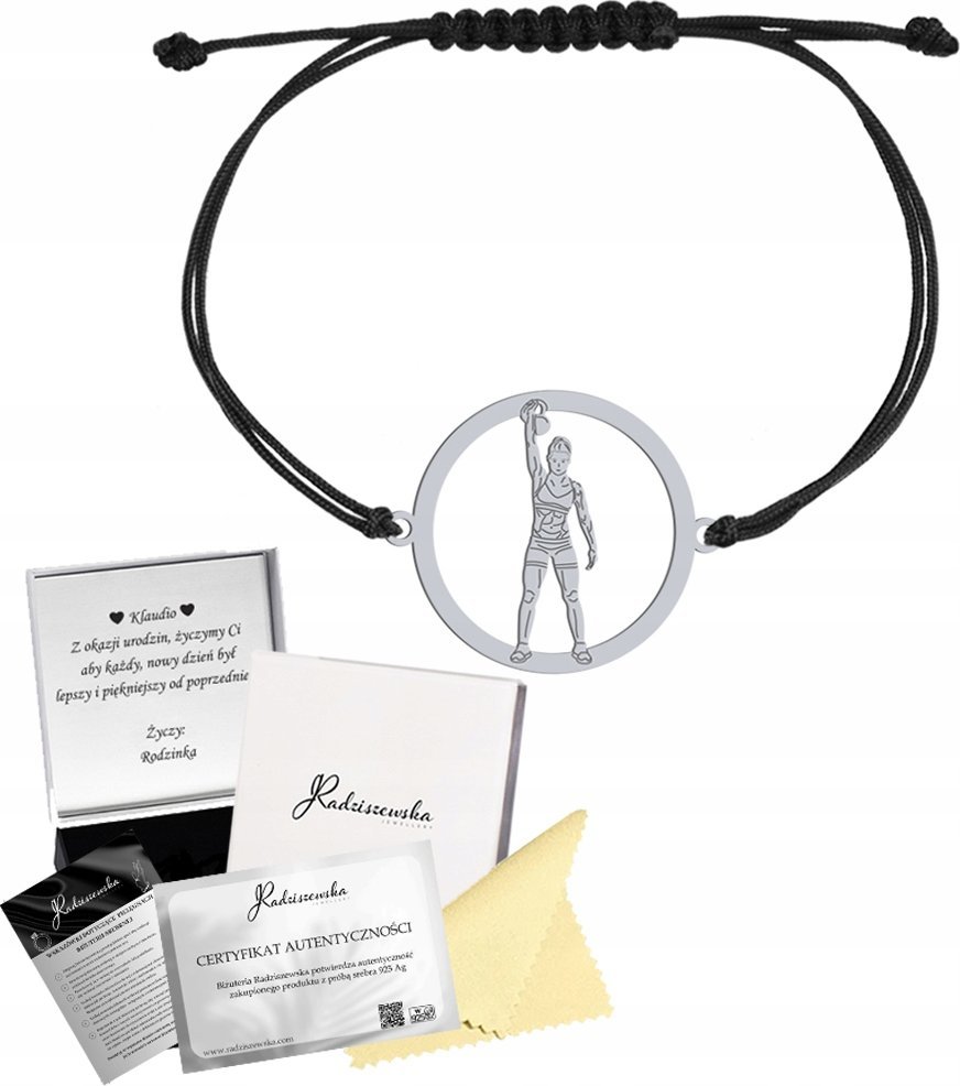 Radziszewska Jewellery Bransoletka Srebrna Kettlebell Crossfit Damski Sznurek 925 Grawer Dedykacja