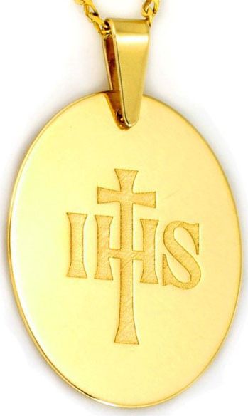 Lovrin ZŁOTY MEDALIK 585 NA KOMUNIĘ OWALNA BLASZKA Z IHS