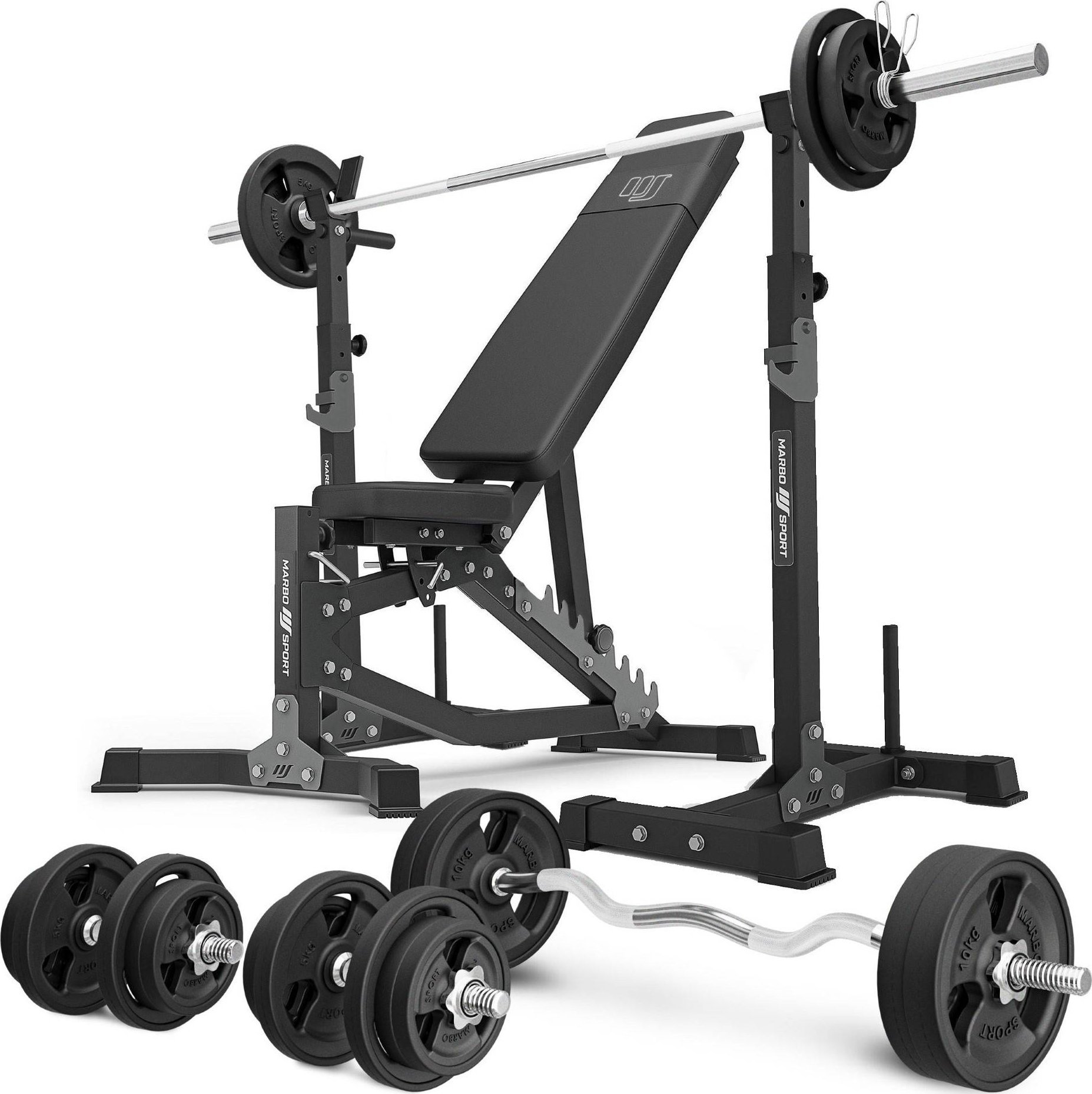Zestaw MS30_2.0_113KG_G | Dwustronnie regulowana ławka treningowa + wielopoziomowe stojaki (2 sztuki) pod sztangę z asekuracją + zestaw gryfów i obci