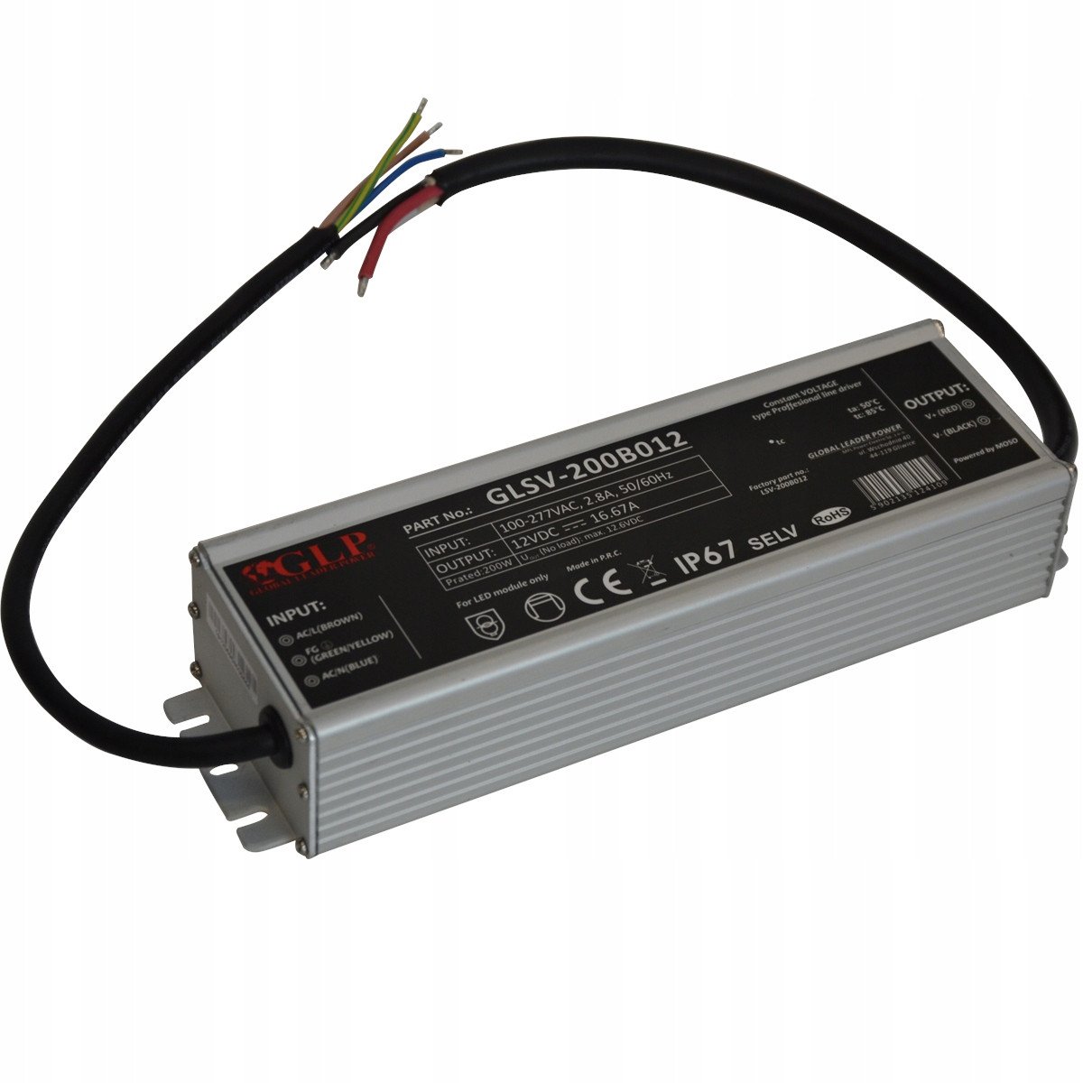 200W: 12V/16.67A, CV, metal case, rectangular - GLP Proffesional Line
