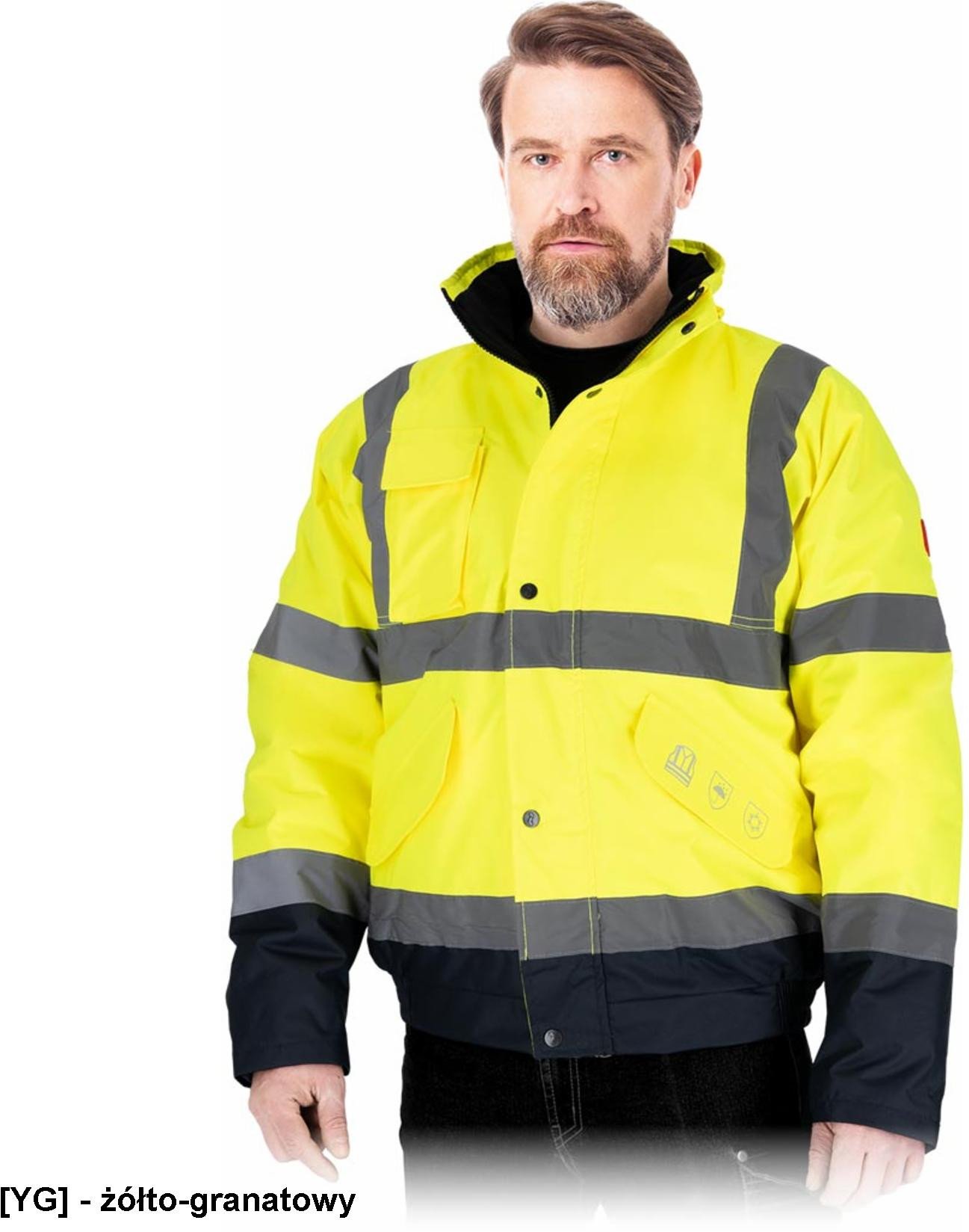 BLUE-BOMB - kurtka ochronna ocieplana pikowana podszewka kaptur chowany kieszeń na telefon pasy odblaskowe 100% poliester - żółto-granatowy XL