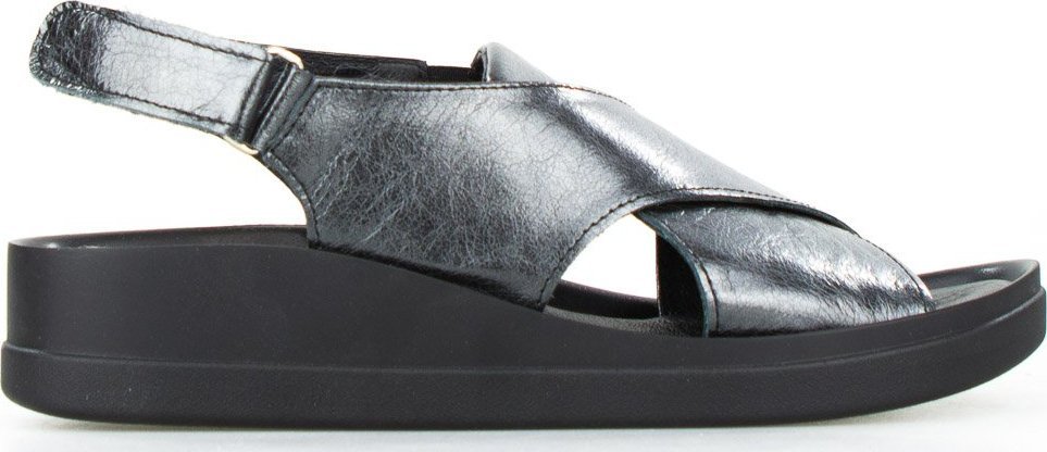 Sempre Sandały na koturnie połyskujące skórzane czarne srebrne Sempre-37