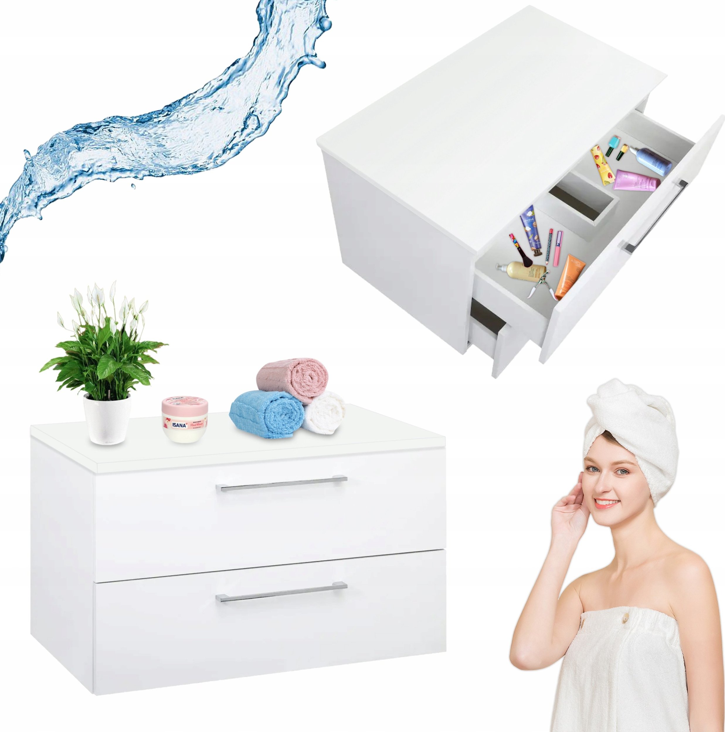 Szafka Łazienkowa 80 cm Biała Wisząca 2 Szuflady Połysk + Blat + Mocowania