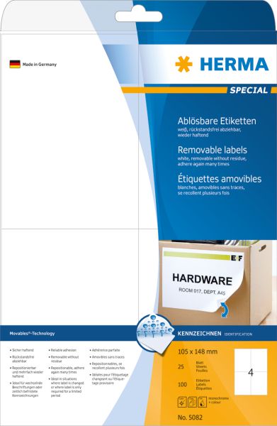 Herma Etykiety odklejalne Movables A4, białe, papier matowy, 100 szt (5082)