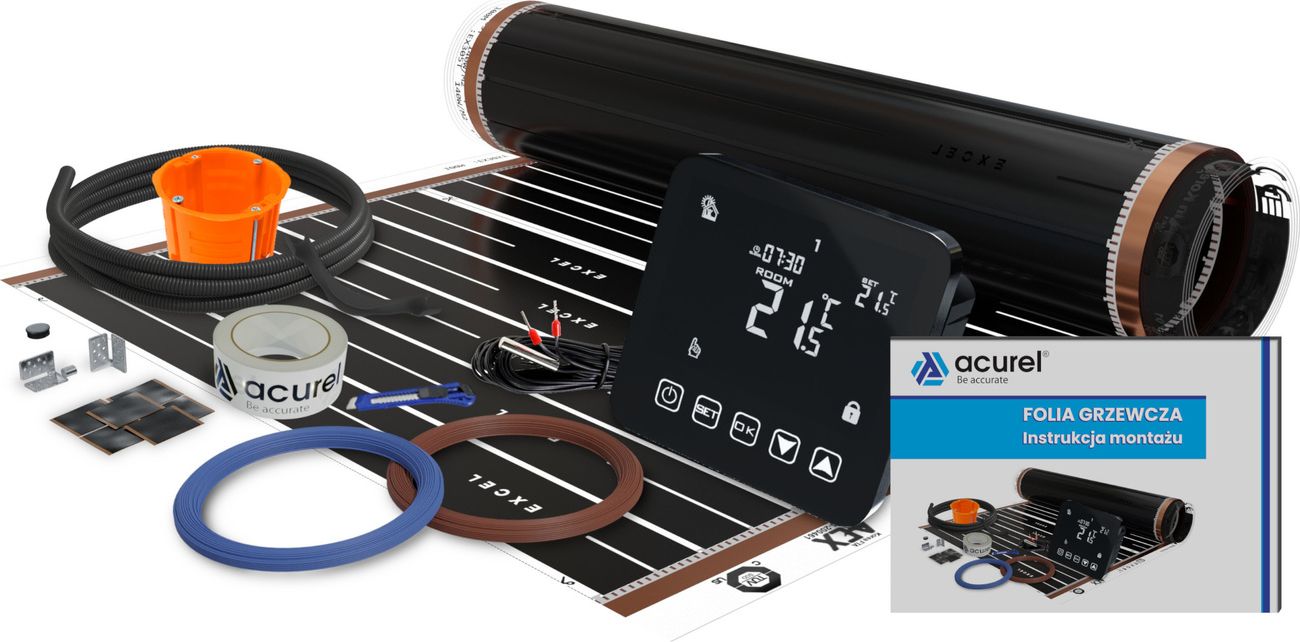 Acurel Termostat do ogrzewania elektrycznego + folia grzewcza 80W/m2 4.5m2 + akcesoria montażowe