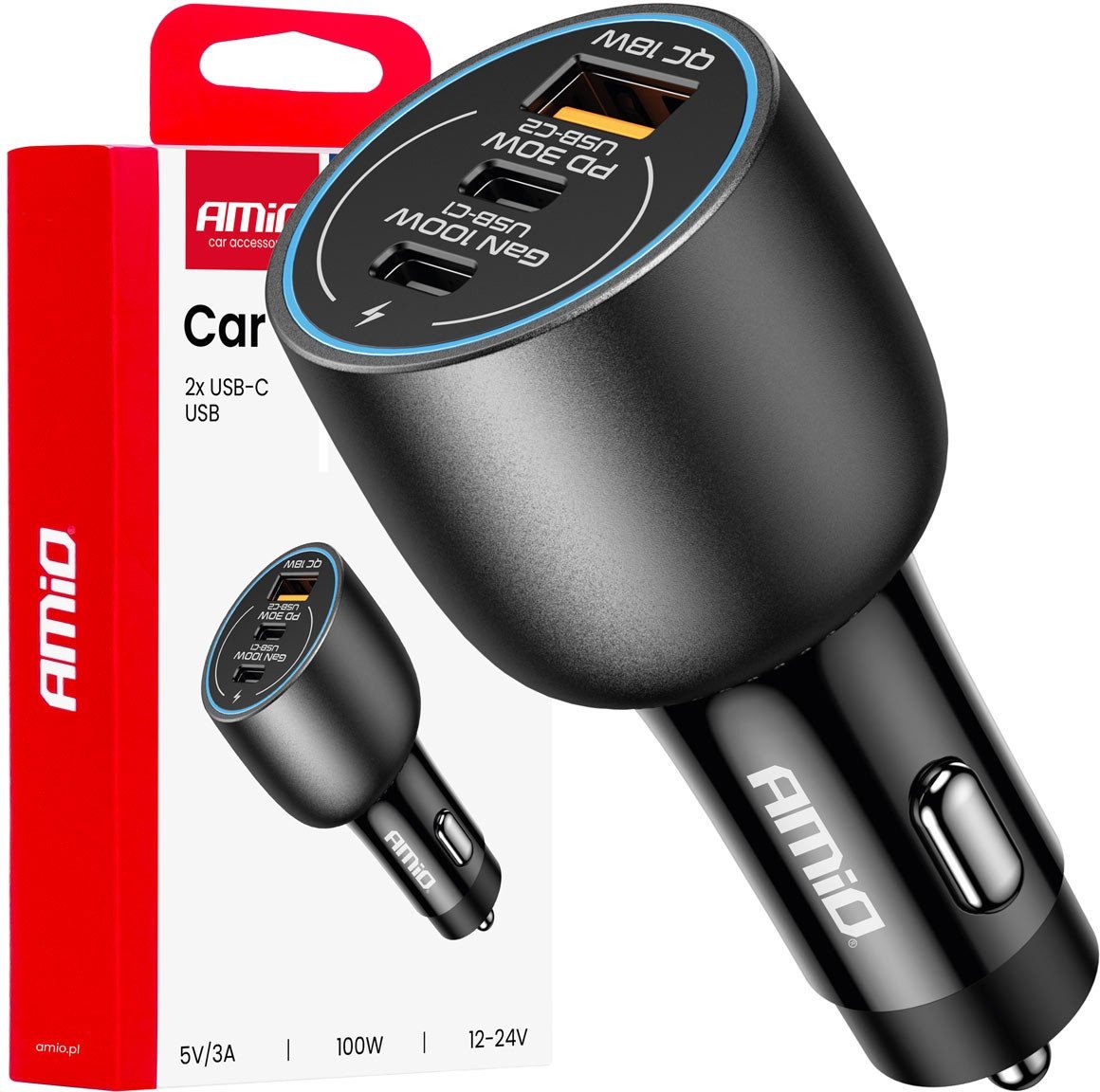 Ładowarka samochodowa 2x usb-c + usb-a 12v 24v 100w amio-04371