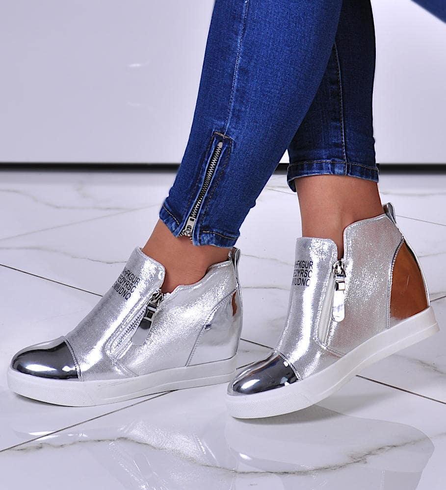Pantofelek24 Damskie trampki na koturnie Srebrne /B4-2 10767 T386/ 37