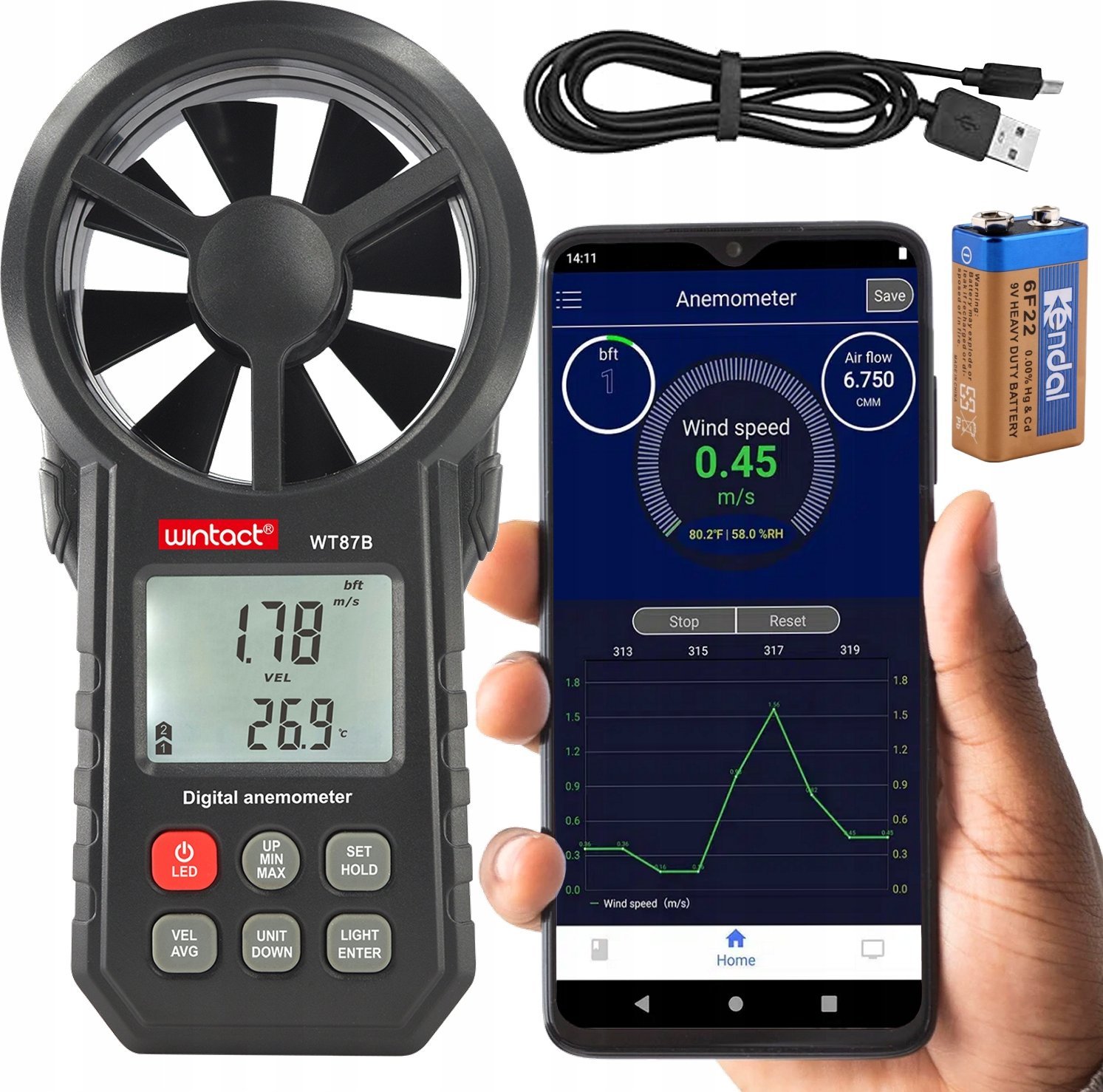ANEMOMETR WIATROMIERZ MIERNIK WIATRU TEMP POMIAR PRĘDKOŚCI POWIETRZA BT APP