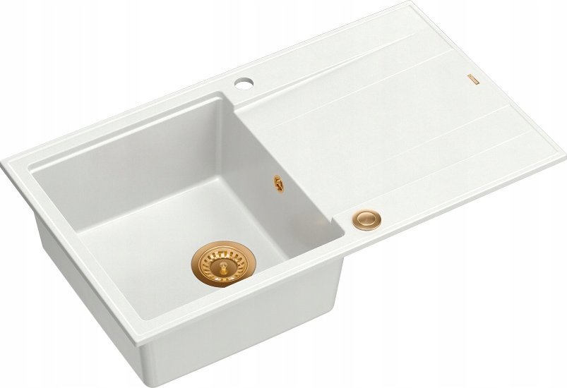 Zlewozmywak GraniteQ EVAN 111 GraniteQ zlewozmywak z syfonem Push 2 Open 1-komorowy z/o (860x500x210) snow white / elementy miedziane