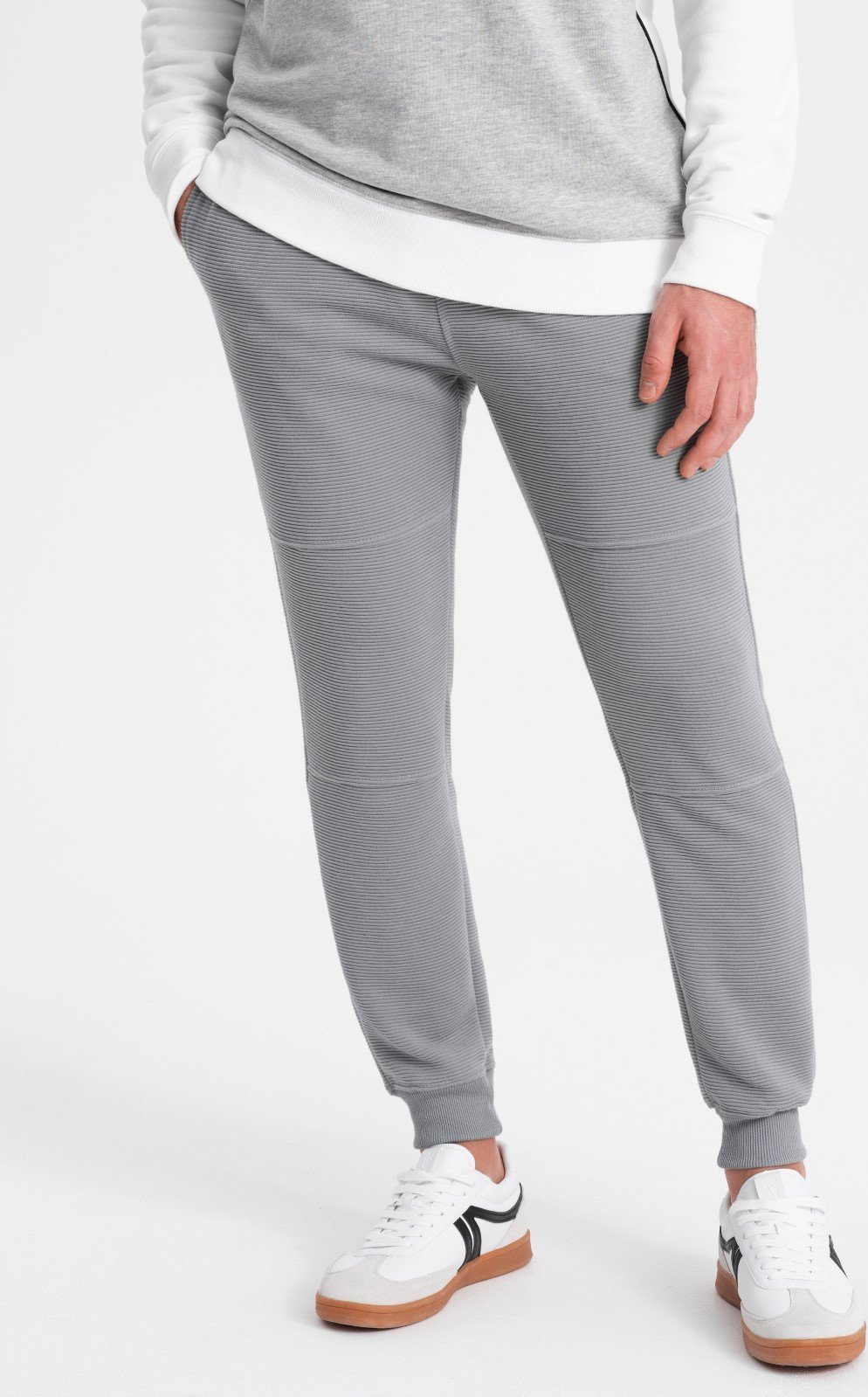 Ombre Spodnie dresowe męskie z tkaniny ottoman - szare V5 OM-PASK-0129 XL