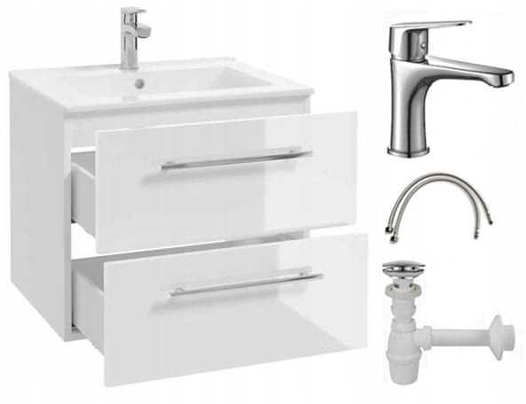 Szafka łazienkowa z umywalką baterią i syfonem wisząca biała 60x50