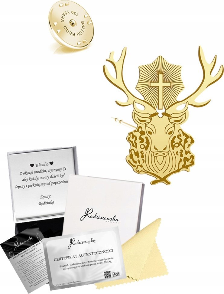 Radziszewska Jewellery Wpinka Złota z Jeleniem Świętego Huberta Pin Prezent Biżuteria 925 ŻYCZENIA