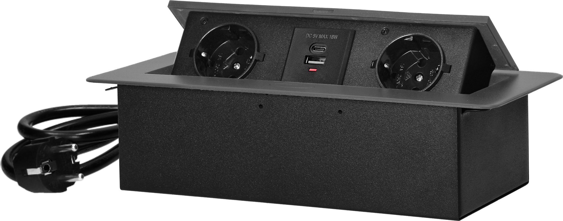 Orno Gniazdo meblowe wpuszczane w blat z płaskim frezowanym rantem, ładowarką USB i przewodem 1,5m, 2x2P+Z (Schuko), 2xUSB (typ A+C; 3,6A), grafitowe