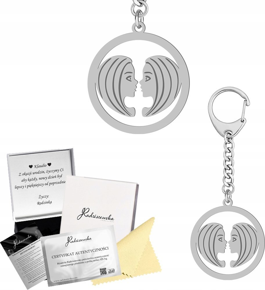 Radziszewska Jewellery BRELOK ZE ZNAKIEM ZODIAKU BLIŹNIĘTA SREBRO 925 PREZENT GADŻET GRAWER GRATIS