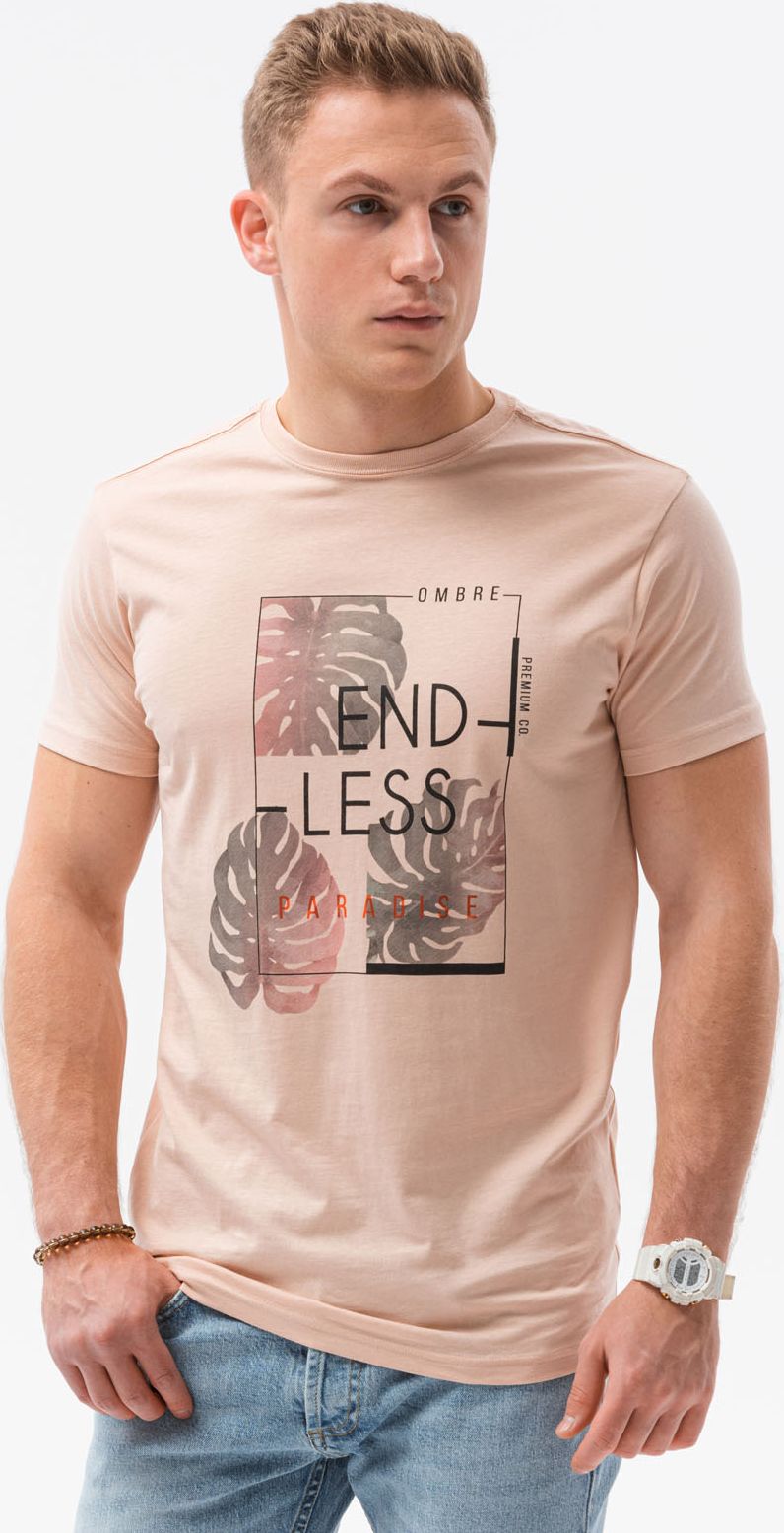 Ombre T-shirt męski z nadrukiem S1434 V-18B - różowy XXL