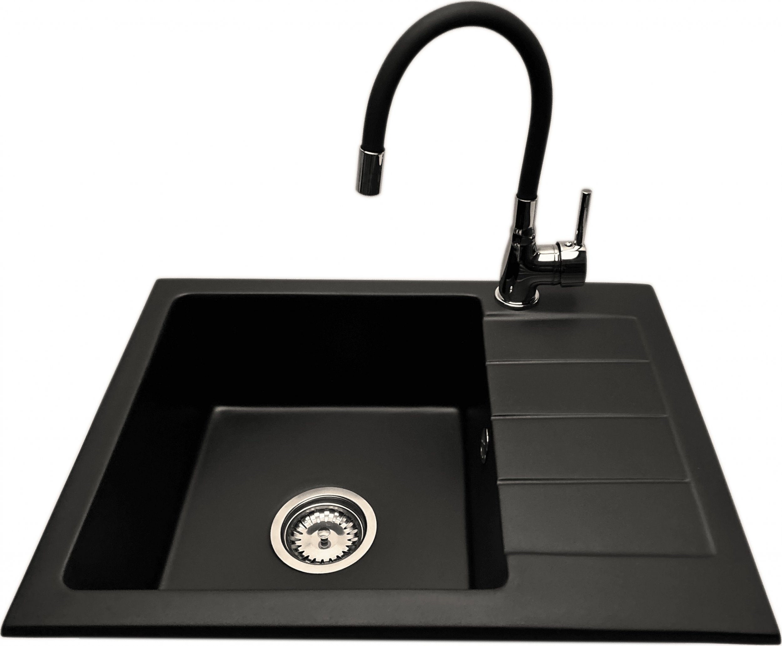 Zlewozmywak PREHNIT Zlewozmywak jednokomorowy z ociekaczem ADAL czarny z prawym ociekaczem + bateria flex LAVO