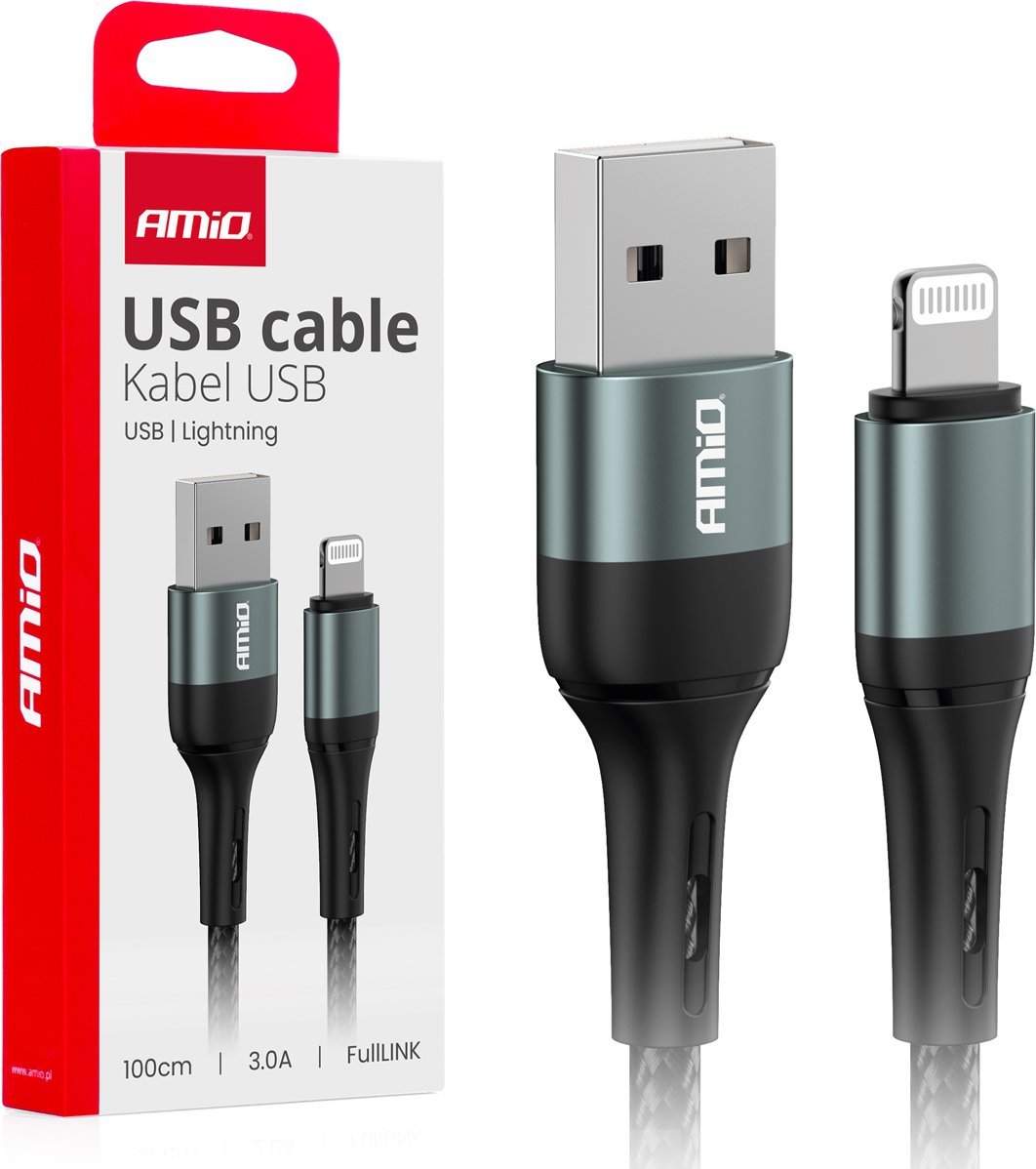 Kabel USB AMiO USB-A - Lightning 1 m Czarny