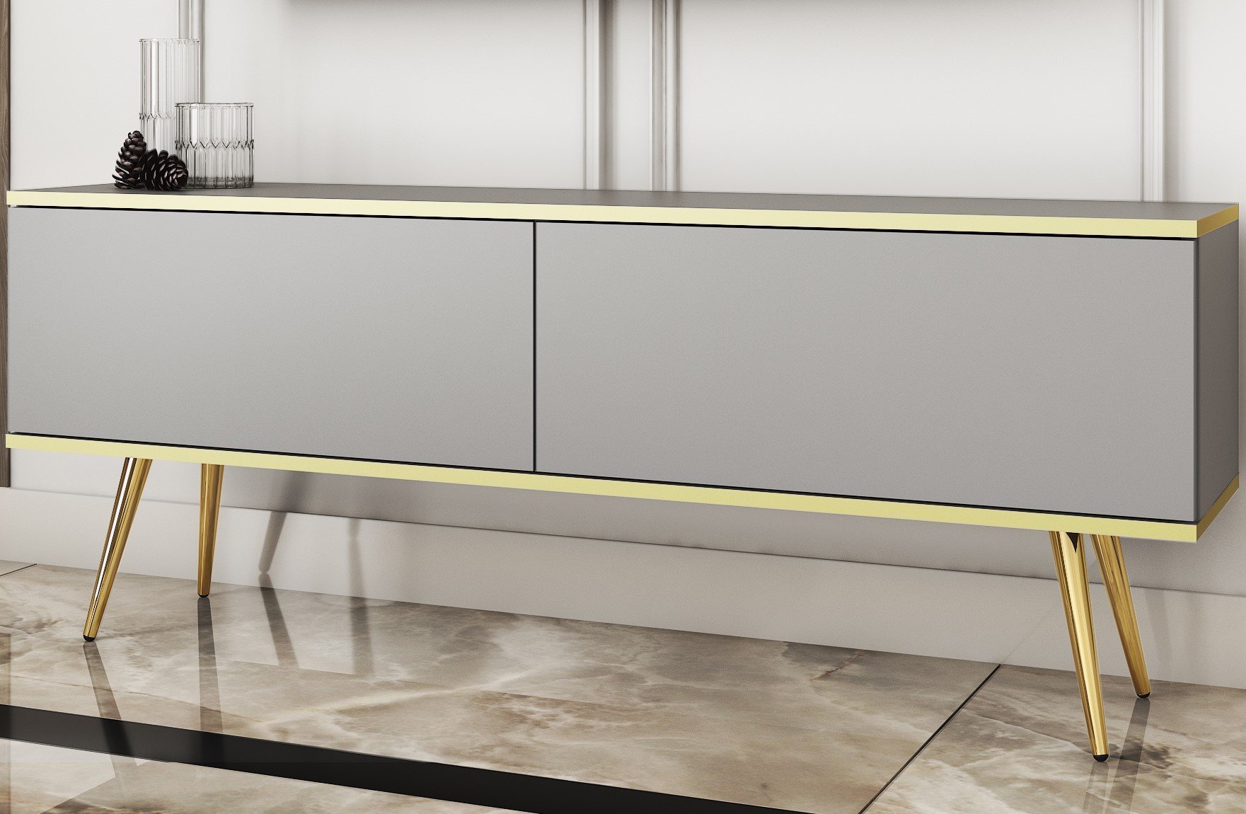 Meble Lindner Mała Komoda Szafka RTV Glamour Szary Mat Stolik Telewizyjny Nogi złote metalowe 135 cm