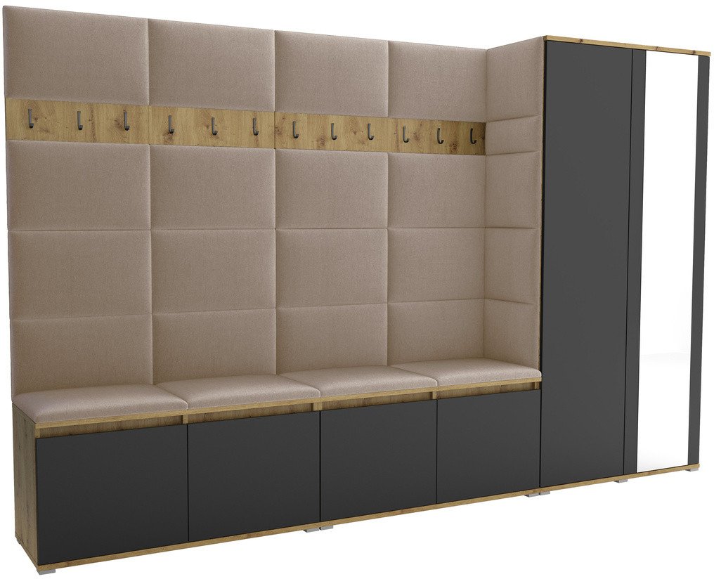 Tapicerowana garderoba Noris V z lustrem - kolor artisan z czarnym frontem + tkanina Trinity 04