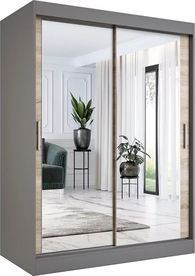 Elior Szafa przesuwna z lustrem 150 cm antracyt + dąb sonoma - Edna 4X