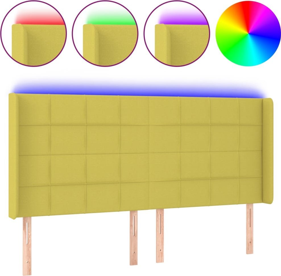 vidaXL vidaXL Zagłówek do łóżka z LED, zielony, 163x16x118/128 cm, tkanina