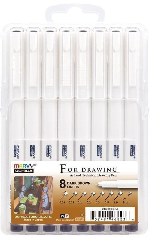 Cienkopisy graficzne ciemnobrązowe 8 grubości