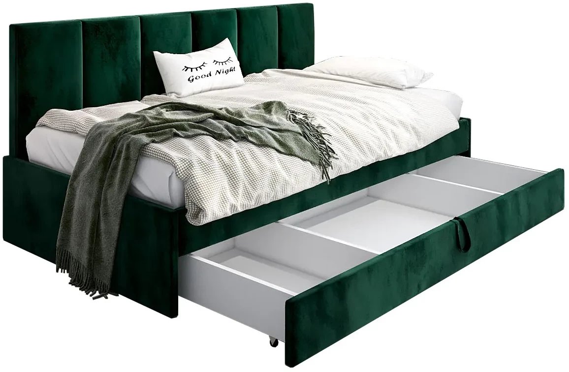 Łóżko młodzieżowe SORA 2 120x200 zielone z tapicerowanym panelem i szufladą MKPOL