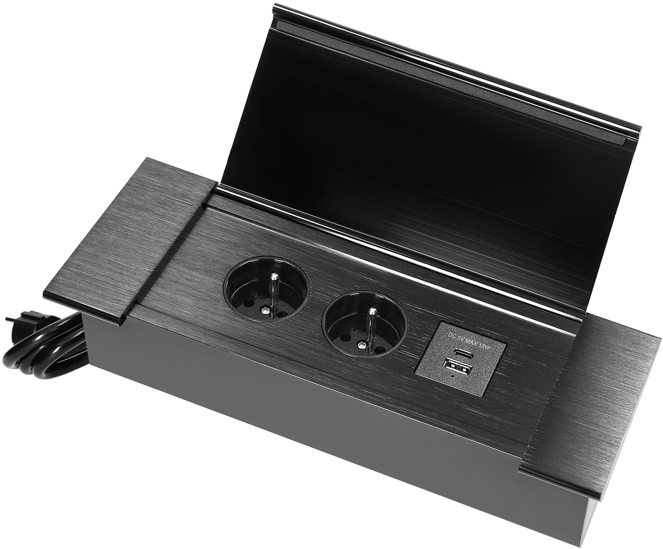 Gniazdo meblowe wpuszczane w blat z płaskim frezowanym rantem, uchylną klapką, ładowarką USB i przewodem 1,5m, 2x2P,OR-GM-9048/B